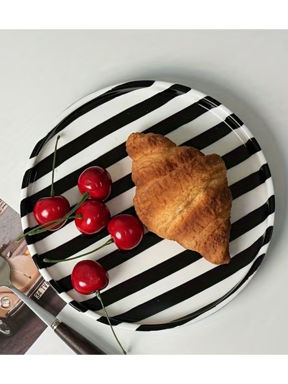 Black & White Striped Ceramic Dinner Plate - Modern Home Dining